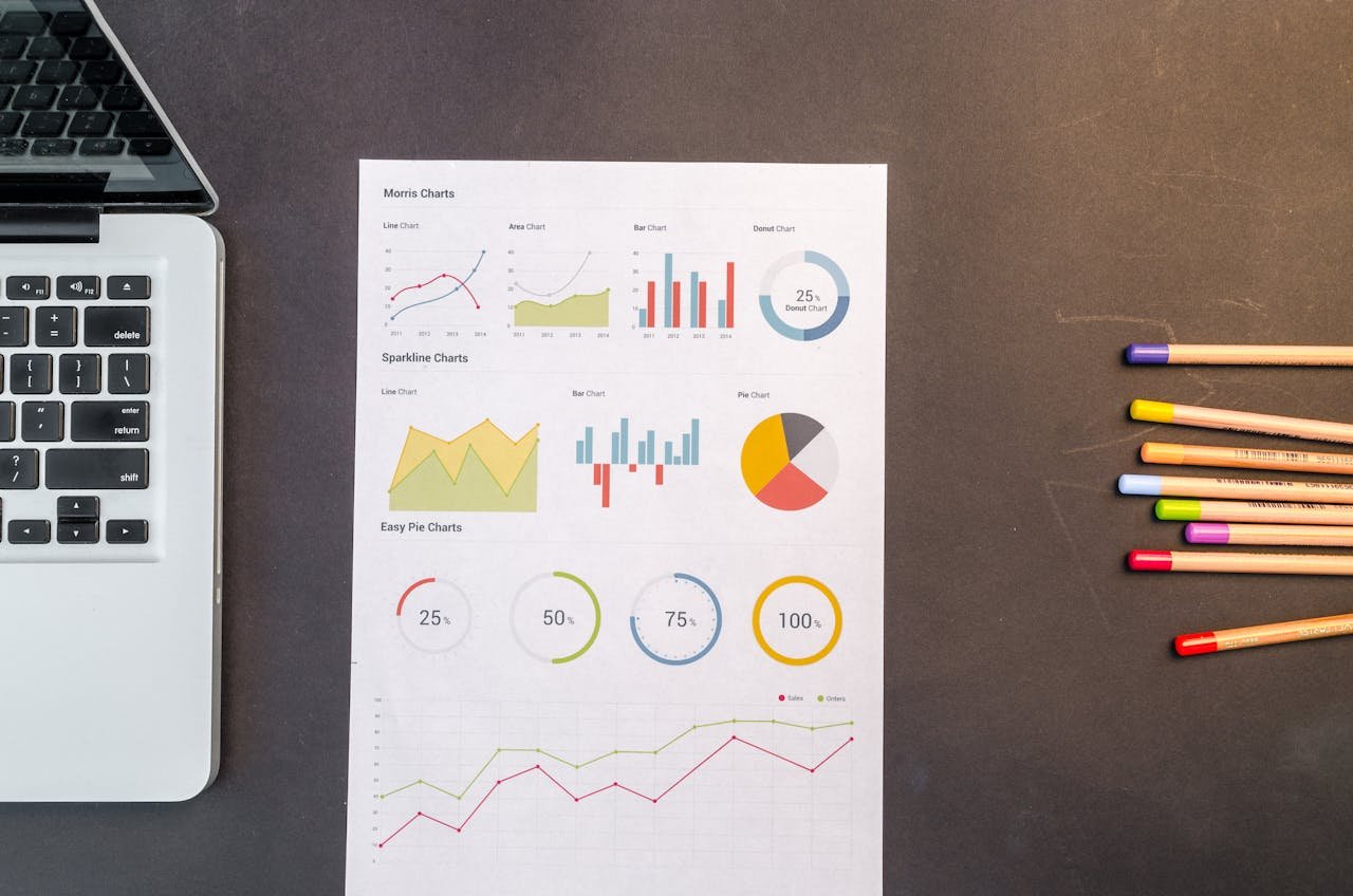 Top view of charts and colored pencils on a desk next to a laptop, perfect for business or education themes.